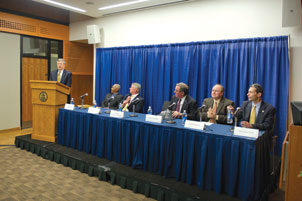 Center-for-Energy-grant-025291_DIG_DSC_0133 On Feb. 9, University of Pittsburgh Chancellor Mark A. Nordenberg addressed a Benedum Hall audience of 125–including trustees, faculty, administrators, students, community leaders, and members of the media—who gathered to hear the announcement of a $22 million grant to the Center for Energy in Pitt’s Swanson School of Engineering from the Richard King Mellon Foundation. It was one of the largest private foundation grants in the University’s history. Seated, from left, are Robert Hill, Pitt vice chancellor for public affairs; Stephen R. Tritch (ENGR ’71, BUS ’77G), chair of Pitt’s Board of Trustees and the retired chair and CEO of Westinghouse Electric Company; Gerald D. Holder, U.S. Steel Dean of Engineering at Pitt; Brian Gleeson, Center for Energy director, the Harry S. Tack Chair in Materials Science, and a professor of mechanical engineering and materials science in the Swanson School; and Gregory Reed, Pitt professor of electric power engineering, Center for Energy associate director, and director of the Power and Energy Initiative in the Swanson School.