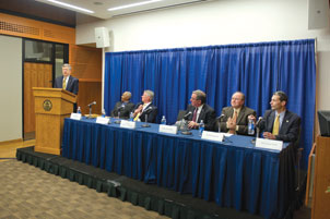 On Feb. 9, University of Pittsburgh Chancellor Mark A. Nordenberg addressed a Benedum Hall audience of 125–including trustees, faculty, administrators, students, community leaders, and members of the media—who gathered to hear the announcement of a $22 million grant to the Center for Energy in Pitt’s Swanson School of Engineering from the Richard King Mellon Foundation. It was one of the largest private foundation grants in the University’s history. Seated, from left, are Robert Hill, Pitt vice chancellor for public affairs; Stephen R. Tritch (ENGR ’71, BUS ’77G), chair of Pitt’s Board of Trustees and the retired chair and CEO of Westinghouse Electric Company; Gerald D. Holder, U.S. Steel Dean of Engineering at Pitt; Brian Gleeson, Center for Energy director, the Harry S. Tack Chair in Materials Science, and a professor of mechanical engineering and materials science in the Swanson School; and Gregory Reed, Pitt professor of electric power engineering, Center for Energy associate director, and director of the Power and Energy Initiative in the Swanson School.