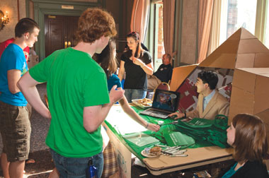 Pitt students held a Sustain-a-Bowl on April 8, featuring booths constructed from salvaged and/or recyclable material—with no Styrofoam, duct tape, or harsh paints allowed. The event in the William Pitt Union’s Kurtzman Room was part of the University’s second annual Blue, Gold, & Green Sustainability Festival and sponsored by the Office of the Provost. Stuart L. Hart (inset), the Samuel C. Johnson Chair in Sustainable Global Enterprise and a professor in Cornell University’s Johnson School of Management, spoke about how businesses can integrate environmental preservation and the alleviation of abject poverty into their business models. Hart’s April 8 lecture in the Union’s Ballroom was supported by the Heinz Endowments and cosponsored by the Mascaro Center for Sustainable Innovation and the Department of Civil Engineering in Pitt’s Swanson School of Engineering. 