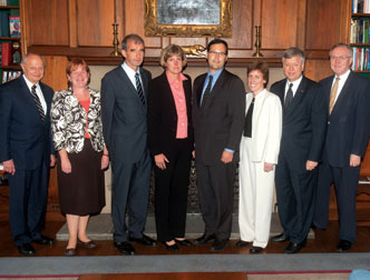 Senior Pitt officials met with the directors of four German academic-research exchange programs on Sept. 27 in Chancellor Mark A. Nordenberg’s office. The exchange programs’ representatives explained their programs designed for students, postdocs, and faculty members to conduct research or study in Germany or with German researchers. From left, George Klinzing, Pitt vice provost for research; Pitt Provost and Senior Vice Chancellor Patricia A. Beeson; Sebastian Fohrbeck, director of the German Academic Exchange Service in New York; Cathleen Fisher, president of the American Friends of the Alexander von Humboldt Foundation; Max Voegler, director of the German Research Foundation’s North American office; Joann Halpern, director of the German Center for Research and Innovation; Chancellor Nordenberg; and Provost Emeritus James V. Maher, Pitt professor of physics and astronomy and senior science advisor.   