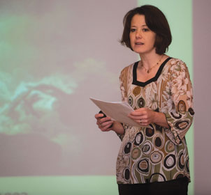 EXPLAINING THE LANDSCAPE: Gretchen Bender, a lecturer and director of undergraduate studies in Pitt’s Department of the History of Art and Architecture, delivered a June 2 lecture at the Frick Art & Historical Center in Point Breeze. Her presentation, which was part of the Art at Noon lecture series, was titled “Nation and God, Science and Industry: Intersections and Contradictions in American Romantic Landscape Practice in the 19th Century.”