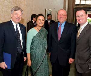 Indian-group-shot From left, Pitt Chancellor Mark A. Nordenberg, Ambassador of India to the United States Meera Shankar, Carnegie Mellon University President Jared L. Cohon, and Pittsburgh Mayor Luke Ravenstahl.