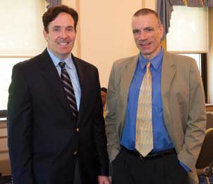 Paul Hawkins (right), a senior consultant with the Western Pennsylvania Diversity Initiative, was welcomed as the June 13 guest speaker for the iSchool Inclusion  Institute (i3) by James “Kip” Currier, program director and assistant professor  in Pitt’s School of Information Sciences. Supported by a $700,000 grant from the Andrew W. Mellon Foundation, i3 aims to encourage and prepare undergraduate students from underrepresented groups to enroll in graduate studies in the information sciences. The i3, which has students spend a total of six weeks on Pitt’s campus, has been designed to work with three separate cohorts of undergrads from around the country, starting this year and in 2012, and 2013, respectively. Each cohort is to attend a four-week summer introductory session at Pitt and then conduct a yearlong team project overseen by a faculty mentor. Finally, the students will return to Pitt the following summer for a two-week presentation and workshop with their faculty mentors, representatives from various information sciences schools, and information science professionals. The first group began June 6 and will wrap up June 30. More information on i3 is available on the institute Web site, www.ischool-inclusion.org.