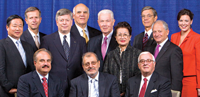 Pitt’s 2011 Legacy Laureates gathered for a Dinner and Awards Ceremony on Oct. 13 in Alumni Hall’s Connolly Ballroom. First row (from left): Frederick W. Thieman, Robert J. Henkel, Drew H. Gitomer, Ruby Leila Wilson, Edward W. Sites, Frank E. Mosier, and Sito J. Narcisse. Back row (from left): Pitt Chancellor Mark A. Nordenberg, Harvey M. Golomb, David C. Frederick, Paul A. Rockar Jr., Sofian Effendi, Priscilla H. Hamilton, Mahmoud A. ElSohly, James S. Broadhurst, and Pitt Provost and Senior Vice Chancellor Patricia E. Beeson. U.S. Congressman Tim Murphy is not pictured, and William S. Dietrich II was honored posthumously, having passed away on Oct. 6, 2011.
