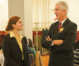 Leg-Laureate-#1Thieman Legacy Laureate Frederick W. Thieman talks with Tessa Walker, a second-year Pitt Law student, during the Oct. 13 luncheon.