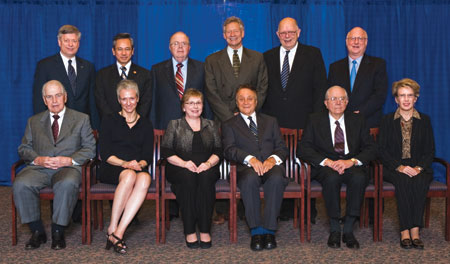 University of Pittsburgh Chancellor Mark A. Nordenberg honored Pitt’s 2009 Legacy Laureates during an Oct. 22 dinner that was part of Pitt’s Homecoming events. Standing (from left) are Nordenberg, Wen-Ta Chiu, John A. Jurenko, Hal K. Wrigley, H. Lee Noble, and Richard B. Kelson. Seated (from left) are Frank B. Fuhrer Jr., Theresa A. Guise, Margaret Grey, Charles I. Berlin, James H. McCormick, and Christine L. Borgman. Anthony N. Civello is not pictured. 