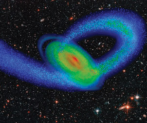 Milky-Way-Art-#-1 A computer simulation of the Sagittarius Dwarf galaxy (blue stream of stars) impacting our Milky Way galaxy (multicolored disk).