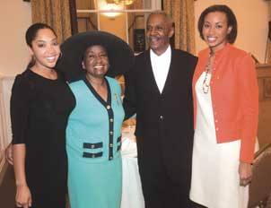 MISS AMERICA VISITS PITT  Miss America 2010, Caressa Cameron (far left), participated in the Oct. 13 symposium “Reclaiming Our Youth Through Community Connections III: Focus on Girls and Young Women,” which was sponsored by the Pittsburgh-based Educating Teens About HIV/AIDS. Since she was crowned Miss America, Cameron has been a vocal proponent of education as an essential part of the fight against AIDS. Following the symposium, which was held in the Omni William Penn Hotel, Pitt Vice Chancellor for Public Affairs Robert Hill hosted a reception for Cameron in the University Club. Pictured are Cameron; Albertha Graham-Ellison (EDUC ‘96G), vice president and project director of Educating Teens About HIV/AIDS; Hill; and Kezia L. Ellison, Educating Teens About HIV/AIDS founder.