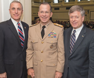 Pitt Chancellor Mark A. Nordenberg (far right) hosted Chairman of the Joint Chiefs of Staff Mike Mullen (center) on April 19 during a town hall meeting in Soldiers & Sailors Memorial Hall & Museum. Admiral Mullen addressed the audience prior to his participation in a discussion panel, which was moderated by Rory A. Cooper, FISA-Paralyzed Veterans of America Chair at the University of Pittsburgh and Senior Career Scientist with the U.S. Department of Veterans Affairs. Discussion panel member U.S. Representative Tim Murphy (Pa.-18th) is on the  left.