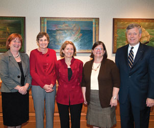 Nicole Constable (middle) was the keynote speaker during a Sept. 29 reception held in Posvar Hall by the Pitt Office of the Provost’s Advisory Committee on Women’s Concerns and Pitt’s Women Studies Program. Her talk was titled “Telling Tales of Migrant Workers: Religion, Activism, and Women’s Life Scripts.” The reception welcomed new women faculty. From left, Pitt Provost and Senior Vice Chancellor Patricia A. Beeson; Alberta Sbragia, vice provost for graduate studies; Constable, a professor of anthropology and associate dean for graduate studies and research in the School of Arts and Sciences; Jean Ferguson Carr, a professor of English and director of the Women’s Studies Program; and Pitt Chancellor Mark A. Nordenberg.