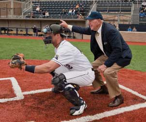 Opening-Day John M. Petersen calls the first strike on April 9, opening day of Pitt’s new Petersen Sports Complex, which stands on 12 acres at the peak of Pitt’s upper campus and provides state-of-the-art homes for the Panthers’ baseball, softball, and men’s and women’s soccer teams. Petersen, a 1951 graduate of Pitt with a bachelor’s degree in business administration, and his wife, Gertrude, have long maintained a strong relationship with the University, supporting scholarships and other activities in the College of Business Administration and the Pitt Department of Athletics. The Petersens’ generosity helped make a reality the Petersen Events Center, which has dramatically enhanced student life on campus since its completion in 2002.