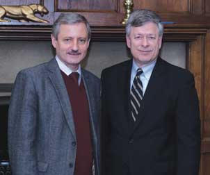 REES Local government officials from Samara, Russia, and instructors from the International Market Institute (IMI), also in Samara, visited the Pittsburgh region for 10 days recently as part of a U.S.-Russia Foundation grant awarded to Pitt’s Center for Russian and East European Studies (REES). The grant enables IMI and REES to participate in the “Entrepreneurship, Economic Development, and Rule of Law” program, which comprises three weeklong exchanges—two held in Samara and one in Pittsburgh —for Pitt and IMI faculty members as well as local government officials from the Samara region. The Russian officials’ visit to Pittsburgh included intensive training and site visits focused on local government’s role in promoting economic development. Program activities were organized by Pitt’s Graduate School of Public and International Affairs, REES, and Pittsburgh’s Local Government Academy. On May 4, Pitt Chancellor Mark A. Nordenberg (right) met with Vadim Chumak, IMI rector, to sign a memorandum of understanding between the two universities.