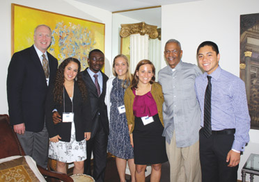 Robert-Hill-hosting-students-II Pitt Vice Chancellor for Public Affairs Robert Hill, second from the right in the photograph above, hosted a Dinner Dialogs evening with several Hesselbein Global Academy participants at his Mount Washington home. The others seen in the photograph are, from left, Larry Olson, a program mentor and vice president/director of marketing for John Wiley & Sons, Inc.; and students Cecilia Vargas, University of Monterrey, Mexico; Kingsley Essegbey, Central University, Accra, Ghana; Amarette Edmonson, St. Edward’s University, Austin, Texas; Laura Glaub, Saint Mary’s College, Notre Dame, Ind.; and Gentry Tran, Beloit College, Beloit, Wis.