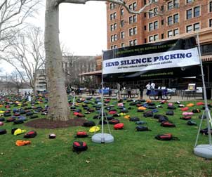 About 1,100 backpacks covered the lawn in front of the William Pitt Union on April 4, representing the estimated 1,100 college students nationwide who did by suicide each year. To give a face to those lives lost, personal stories of people who attempted suicide as well as stories written by families and friends accompany many of the backpacks. The event, Send Silence Packing, was part of a nationwide college campus tour by Active Minds Inc., a Washington, D.C., nonprofit that seeks to help campuses create comfortable environments for open conversations about mental health issues. The display was sponsored by the Pitt chapter of Active Minds and Pitt's Give Depression a Voice: Talk About It team.