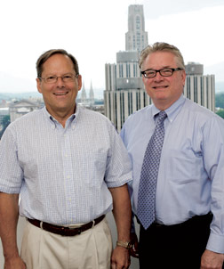 Pitt’s Drug Discovery Institute has entered an exciting transition period under the new leadership of D. Lansing Taylor (right), Allegheny Foundation Professor of computational and systems biology in Pitt’s School of Medicine. The institute has four associate directors, including Barry Gold (left), a professor and chair of pharmaceutical sciences; Edward Chu, professor of medicine and of pharmacology and chemical biology as well as chief of the Pitt School of Medicine’s Division of Hematology-Oncology and deputy director of the University of Pittsburgh Cancer Institute; Peter Wipf, Distinguished University Professor of Chemistry and director of Pitt’s Combinatorial Chemistry Center; and Ivet Bahar, John K. Vries Professor and chair of computational and systems biology.