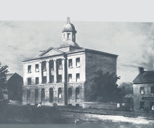 The first building of the Western University of Pennsylvania is shown here in a painting by Russell Smith. Courtesy of Carnegie Library of Pittsburgh.