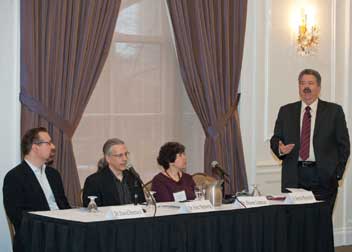  Participants in the University Club discussion were (from left) David Ferrucci, principal investigator of the DeepQA/Watson Project for IBM; Eric Nyberg, a professor in CMU’s Language Technology Institute; Diane Litman, a Pitt computer science professor and a senior research scientist in Pitt’s Learning Research Development Center who is a leading authority on natural language processing; and discussion moderator, Bernard Meyerson, vice president for innovation and global university relations for IBM.