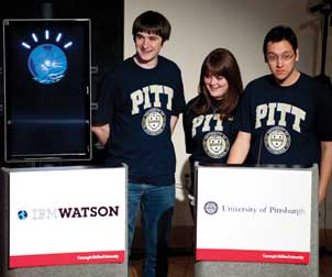 Watson-students Watson and Pitt’s mock Jeopardy! team (from left), Brian Sisco, a junior majoring in computer science with a minor in math; Danielle Arbogast, a junior majoring in political science and communication with a minor in legal studies; and Richard Kester, a senior majoring in history and neuroscience with a minor in chemistry.