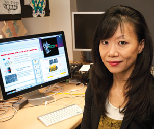 Yeh-Lab-#1 In the laboratory of Joanne Yeh, a professor in the School of Medicine’s Department of Structural Biology, researchers are working on applying nanotechnology to medical problems. Yeh’s lab has, for example, developed a biosensor capable of detecting prostate-specific antigen (PSA) levels in blood and urine. Currently, a blood test is the most common means of measuring elevated PSA levels, which can indicate cancer or other prostate problems. Yeh’s computer screen shows images of what her lab’s nanobiosensors look like at the atomic or nanoscale.