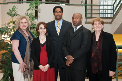 Pitt Office of Public Affairs’ representatives attended the 26th Annual Robert L. Vann Awards and Reception, sponsored by the  Pittsburgh Black Media Federation. From left, Sharon S. Blake, senior news representative; Amanda Leff, news representative; Ervin Dyer, Pitt Magazine senior editor; Anthony M. Moore, news and information specialist; and Cindy Gill, Pitt Magazine editor-in-chief. Blake, Leff, Dyer, and Gill won awards for their writing during the  May 7 event held in the William Pitt Union.