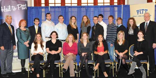 Pitt's 4.0 Scholar Athletes: Seated, from left, Kimmy Borza (tennis), Sarah Looney (swimming and diving), Cookie McIntyre (swimming and diving), Kristen McMullan (swimming and diving), Minh Evans (tennis), Lauren Zammerilla (cheer and dance) and Kellyn Black (cheer and dance). Standing, from left, are Pitt Alumni Association President Jack Smith, Pitt Provost and Senior Vice Chancellor Patricia Beeson, Ben Rubino (cheer and dance), Dan Schneider (football), Aaron Hassett (football), Leah Ulizio (track and field), Kaitlyn Flynn (track and field), Philip Konieczny (baseball), Brad Rocco (track and field), Pierre-Antoine Meunier (swimming and diving), Rousseau Kluever (swimming and diving), Elizabeth Adams (tennis), and Pitt Athletics Director Steve Pederson. Not pictured are: Jonathan Buchanan (swimming and diving), Meagan Dooley (volleyball), Morie Kephart (soccer), Krista Rubini (cheer and dance), Allison Sanders (cheer and dance), Ryan Tomei (wrestling) and Samson Weiser (track and field).     