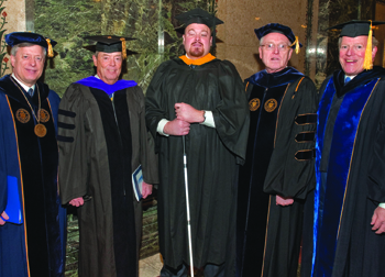 group.outline From left: Chancellor Nordenberg; Pitt's two 2010 Distinguished Alumni Fellows—Samuel A. McCullough (BUS '06), president and CEO of Griffin Holdings Group LLC, and Jeremy W. Feldbusch (A&S '01), national spokesperson for the Wounded Warrior Project—Provost Maher, and F. James McCarl, president of the Pitt Alumni Association.