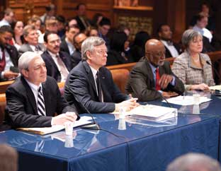 Legislative committee hearing on the Governor’s proposed education funding cuts: The heads of Pennsylvania’s four state-related universities, including Pitt Chancellor Mark A. Nordenberg, testified March 16 before the state Senate Appropriations Committee in Harrisburg. From left are Graham Spanier, Pennsylvania State University; Chancellor Nordenberg; Ivory Nelson, Lincoln University; and Ann Weaver Hart, Temple University. 