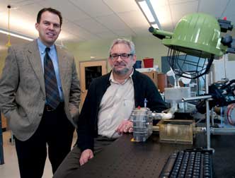 Bioengineering is a multi-disciplinary science, as evidenced by a heart-valve project being developed in the labs of principal investigator Michael Sacks (right), the John A. Swanson Endowed Chair in the Department of Bioengineering; William Wagner (left), deputy director of the McGowan Institute and a professor of surgery, bioengineering, and chemical engineering; and a research colleague at Children’s Hospital Boston. The team is working to develop a living-tissue replacement heart valve. Wagner’s research team is generating new polymer scaffolds that can function in the demanding heart valve environment and investigating how to “seed” these scaffolds (photo above) with cells. The valve scaffold, once implanted, would remodel into a living-tissue valve capable of functioning and growing as a native heart valve does.   