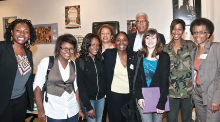 mentors-and-kids_DSC3603 Members of Pitt’s African American Alumni Council (AAAC) visited with students at the Barack Obama International Studies Academy in East Liberty. The Oct. 14 visit was part of AAAC’s Appleseed Project, where alums visit city schools to talk with students about their career goals. Far left, Nkemjika N. Ofodile (A&S ’02) from Washington, D.C.; front row center, Linda Wharton-Boyd (A&S ’72, ’75G, ‘79G), former AAAC national president; far right, Valerie Njie (EDUC ’71), AAAC President, Pittsburgh Affliate; back row left, C. Dianne Colbert, AAAC member, and Tony Fountain (A&S ’70), AAAC national president.