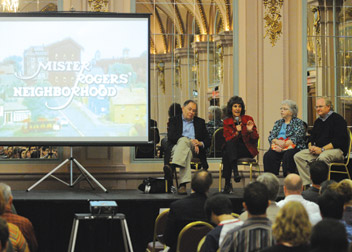 BEHIND THE SCENES OF 'MR. ROGERT' NEIGHBORHOOD': Producers and actors from Mr. Rogers’ Neighborhood, including actor and Pitt alumnus David Newell (CGS ’73), who played the character Mr. McFeely; the show’s associate producer, alumnus Hedda Sharapan (SOC WK ’67G); as well as other producers and Fred Rogers Company president Bill Isler, offered a behind-the-scenes look at the beloved children’s show during a Sept. 16 presentation in the William Pitt Union Ballroom. Seated from left are Newell; Sharapan; Joanne Rogers, Mr. (Fred) Rogers’ wife; and Carl Kurlander, executive producer of Steeltown Entertainment Project and a senior lecturer in Pitt’s English department. The event was presented by Pitt in Hollywood and Steeltown Entertainment Project along with the Pitt English department’s Children’s Literature Program and Film Studies Program.