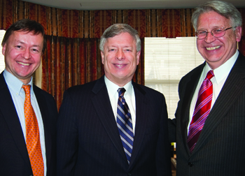 Pitt Chancellor Mark A. Nordenberg (center) was the master of ceremonies for a Feb. 22 luncheon hosted by the World Affairs Council of Pittsburgh in collaboration with the Pittsburgh Eric M. Warburg Chapter of the American Council on Germany. During the event, His Excellency Dr. Horst Freitag (left), the Consul General of the Federal Republic of Germany in New York, presented David A. Murdoch (right) with the Cross of the Order of Merit of the Federal Republic of Germany on behalf of German President Horst Koehler. Murdoch is the German Honorary Consul in Pittsburgh, a partner with law firm K&L Gates, and chair of the World Affairs Council’s board of directors. He was selected for the award because of his contributions to German-American relations. The award is the highest civilian tribute that the German government bestows upon an individual. Nordenberg is a board member of the World Affairs Council and the British Honorary Consul in Pittsburgh. 