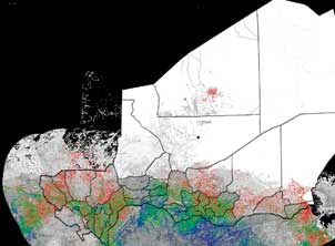 niger-measles-black As part of the Bill & Melinda Gates Foundation-funded Vaccine Modeling Initiative, researchers in Pitt’s Graduate School of Public Health are developing computer models of disease spread and vaccine distribution. The above graphic shows the spread of measles throughout Niger, with colors changing from blue to green to red, representing increasing numbers of measles cases.