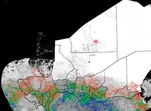 As part of the Bill & Melinda Gates Foundation-funded Vaccine Modeling Initiative, researchers in Pitt’s Graduate School of Public Health are developing computer models of disease spread and vaccine distribution. The above graphic shows the spread of measles throughout Niger, with colors changing from blue to green to red, representing increasing numbers of measles cases. 