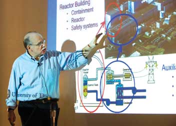 John Metzger (above), a professor in Pitt’s Department of Mechanical Engineering and Materials Science and director of Pitt’s Nuclear Engineering Program, spoke during a March 16 lecture and discussion about the extent and danger of the damage sustained by the Fukushima Daiichi nuclear power station during Japan’s March 11 earthquake and tsunami. Presented by the Nuclear Engineering Program and the Center for Energy in Pitt’s Swanson School of Engineering, the free public event in Benedum Hall drew a large group of engineering students as well as members of the public. David Helling, an adjunct faculty in Pitt’s Nuclear Engineering Program, also spoke. Kent Harries, a Pitt professor of civil and environmental engineering, addressed the seismic issues associated with the event. 