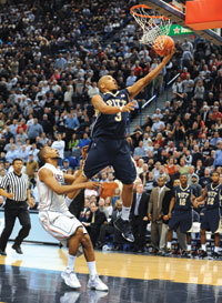 pittuconn1 The Pitt Panthers beat No.1-ranked Connecticut 76-68 on Feb. 16 at the Huskies’ XL Center in Hartford, Conn. The game marked the Panthers’ first win ever over a No. 1-ranked team. Pictured is guard Jermaine Dixon driving for a layup during the game.