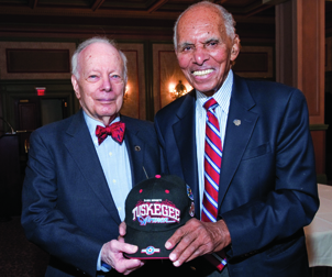 Roscoe C. Brown Jr. (right), a captain and pilot in the U.S. Army Air Forces’ Tuskegee Airmen fighter group during World War II, delivered a March 4 lecture, “Tuskegee Airmen: A Model for Excellence,” in the William Pitt Union’s Kurtzman Room. Brown is seen standing with fellow Tuskeegee Airman Wendell Freeland, a Pittsburgh attorney and civil rights activist. Freeland is also a former Pitt trustee and a member of the School of Social Work Board of Visitors. The lecture was part of this year’s Black History Month celebration.