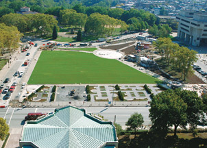 Clockwise from above: Schenley Plaza during construction, some of the new food concessions lining the walkways, and the carousel at the south end of the plaza.