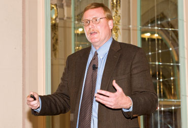 Stuart L. Hart (inset), the Samuel C. Johnson Chair in Sustainable Global Enterprise and a professor in Cornell University’s Johnson School of Management, spoke about how businesses can integrate environmental preservation and the alleviation of abject poverty into their business models. Hart’s April 8 lecture in the Union’s Ballroom was supported by the Heinz Endowments and cosponsored by the Mascaro Center for Sustainable Innovation and the Department of Civil Engineering in Pitt’s Swanson School of Engineering. 