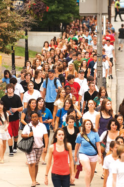 Students streamed en masse up to the John M. and Gertrude E. Petersen Events Center for both the Aug. 26 Freshman Convocation and the Aug. 27 “Pathway to Your Success at Pitt” session.