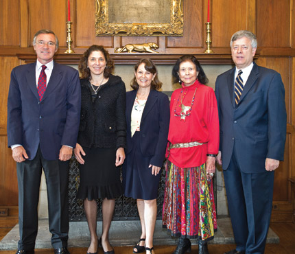 Pitt Chancellor Mark A. Nordenberg met on Sept. 28 with Ambassador Francois Barras, Consul General of Switzerland in New York, while the ambassador was visiting Pittsburgh. From left, Ambassador Barras; Dominique Schinabeck, chair and CEO of Pittsburgh-based Acutronic USA, Inc., and Honorary Swiss Consul in Pittsburgh; Catherine Scharf, head of the Cultural Department, Consulate General of Switzerland in New York; E. Maxine Bruhns, director, Pitt Nationality Rooms Program; and Chancellor Nordenberg.