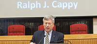 Pitt Chancellor Mark A. Nordenberg addresses attendees at the dedication ceremony in the Teplitz Memorial Courtroom to honor the late Ralph Cappy.